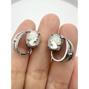 Sorrento Sterling Silver And Abalone Hand Carved Cameo Earrings Screwback